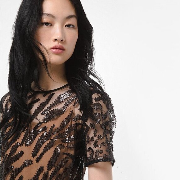 NWT MICHAEL Michael Kors black sequin & crystal leopard print mesh t-shirt dress - Picture 2 of 7